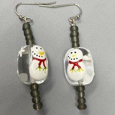 Snowman Pierced Earring Lacquer Art Glass Oblong Gray Seed Bead Winter Christmas