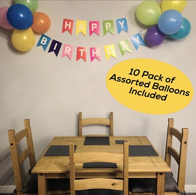 Happy Birthday Banner Regenbogen Style ideal für Kinderparty, 10 GRATIS BALLONS