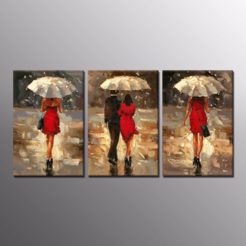 Décoration d'intérieur homme et fille marche sous la pluie imprimés sur toile art mural peinture 3 pièces - Photo 1 sur 6