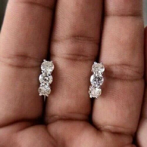 2.10Ct Round Three-Stone Moissanite Hoop Earrings in 14K White Gold