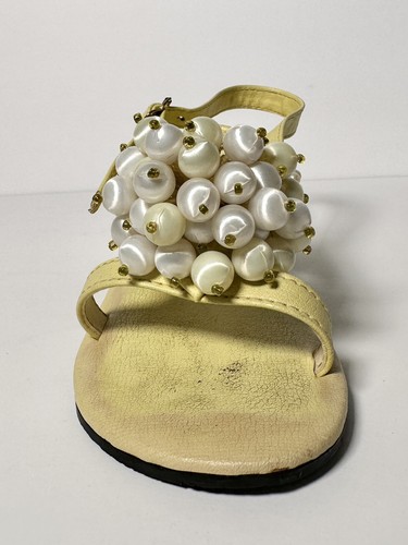 Vintage 1960s 1970s Vagabonds Pearl Beaded Satin Ball Sandal Heel Shoes Yellow 7 - Picture 16 of 22