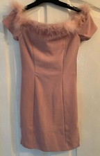 Missguided Blush Crepe Feather Trim Bardo Bodycon Dress Size 4