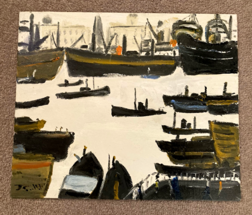 "The Shipyard" atmospheric signed oil on board Nautical Interest