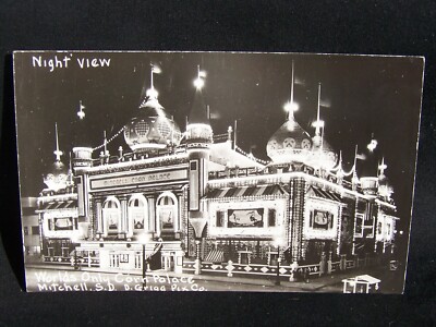 SD Mitchell Worlds Only Corn Palace Night View Real Photo Postcard