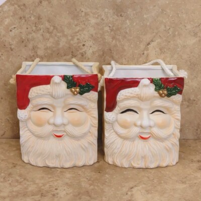 Vintage Ceramic Santa Head Candy Holder/ Planter With Handle 5'' Set Of 2
