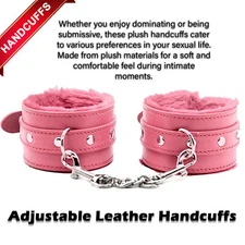 Furry Fuzzy PU Leather Wrist Handcuffs Adjustable Restraint Sex Cuff Belt Pink