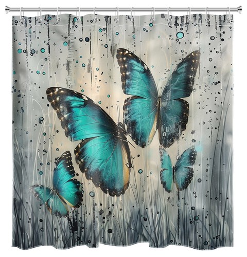 Nature Teal Leaf and Vintage Butterfly Shower Curtain Bathroom Accessories Set - Picture 18 of 22
