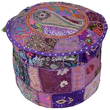 Boho Ethnic Round Ottoman Patchwork Embroidered Pouf Cover Footstool Cotton 18"