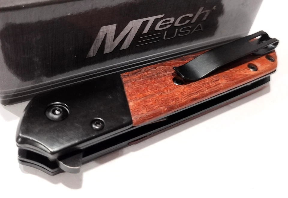 M-Tech Brown Wood Black Blade Spring Open Assisted Tactical Folding Pocket Knife - Image 3 of 3