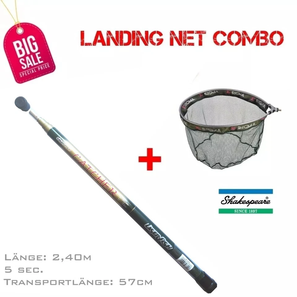 2,4 Meter Kescherstab „Catcher“ Travel Model + Shakespeare Match Net Combo