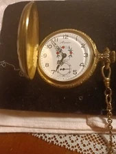  Arnex 17 Jewels Incabloc Gold TONE Wind Up VTG Pocket Watch Runs 12KGF CHAIN