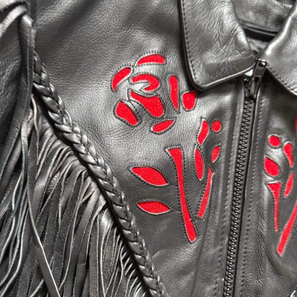 Chaqueta de motocicleta de cuero interestatal de colección con flecos rosas para mujer talla mediana negra Foto 4 de 4