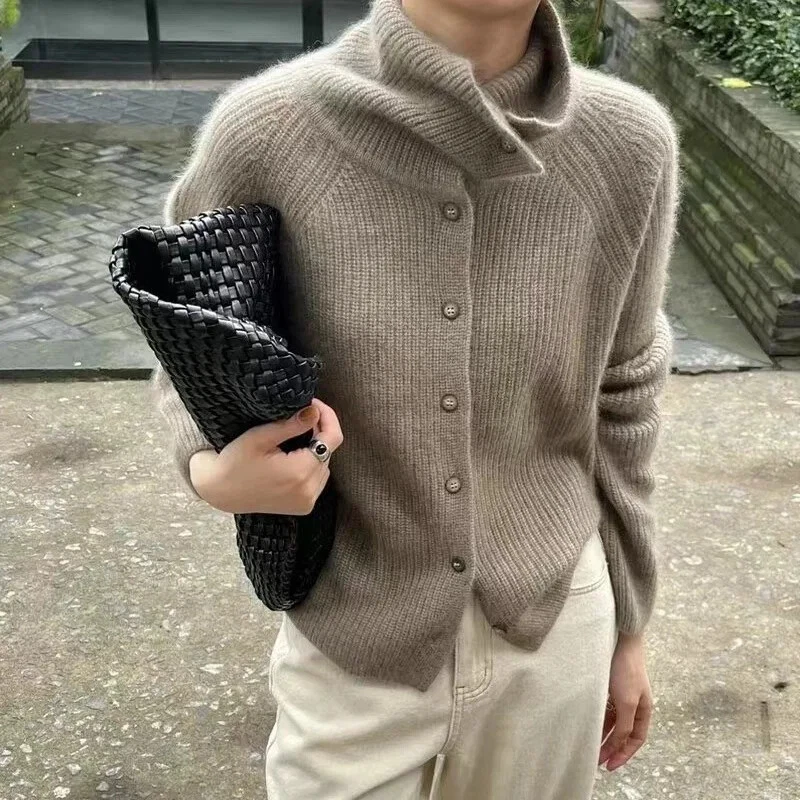 Cardigan Ladies 100% Pure Woolen Sweater Turtleneck Cashmere Base Sweater Coat-image