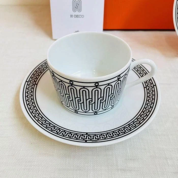 Hermes Taza de Té Platillo H Deco Blanco Negro Vajilla Juego de 2 Café Latte Auténtico Nuevo Foto 2 de 4