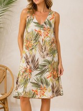 J Jill Love Linen Women Size M Tropical Dress Sleeveles V-Neck Floral Shift Midi