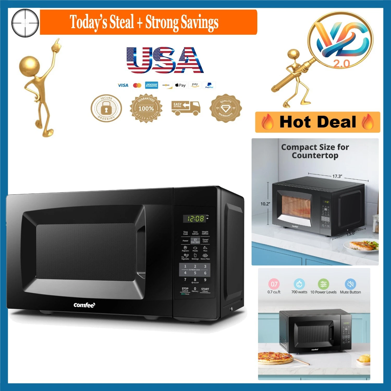 Countertop Microwave Oven 0.7cu.ft 700W Black Eco Mode Child Lock
Opens in a new window or tab