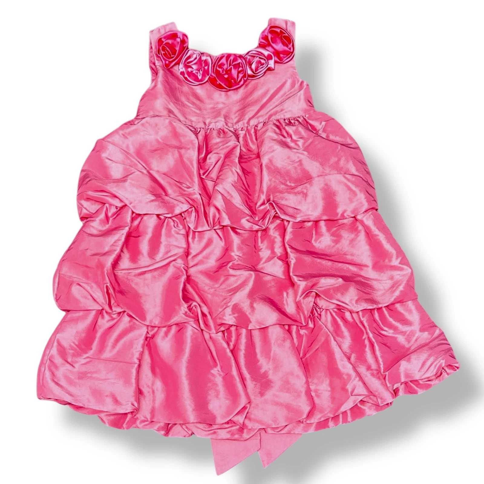 Girls Pink Satin Special Occasion Dress Size 4 Gown with Rosettes & Ruffles