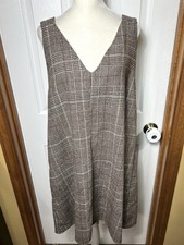 Plaid Tweed Mini Dress Shift Dress Sleeveless Lightweight V Neck Brown Size XL