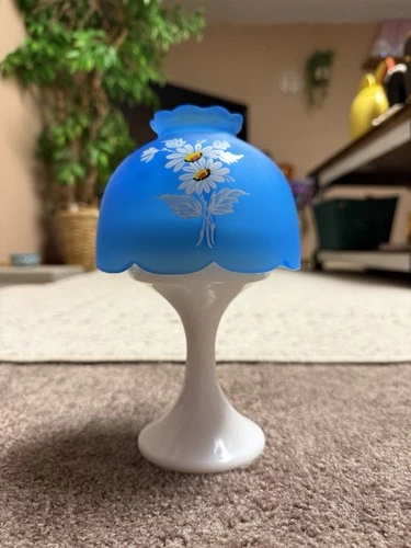 Westmoreland Fairy Lamp Vintage Flower Design White Milk Glass Blue Shade