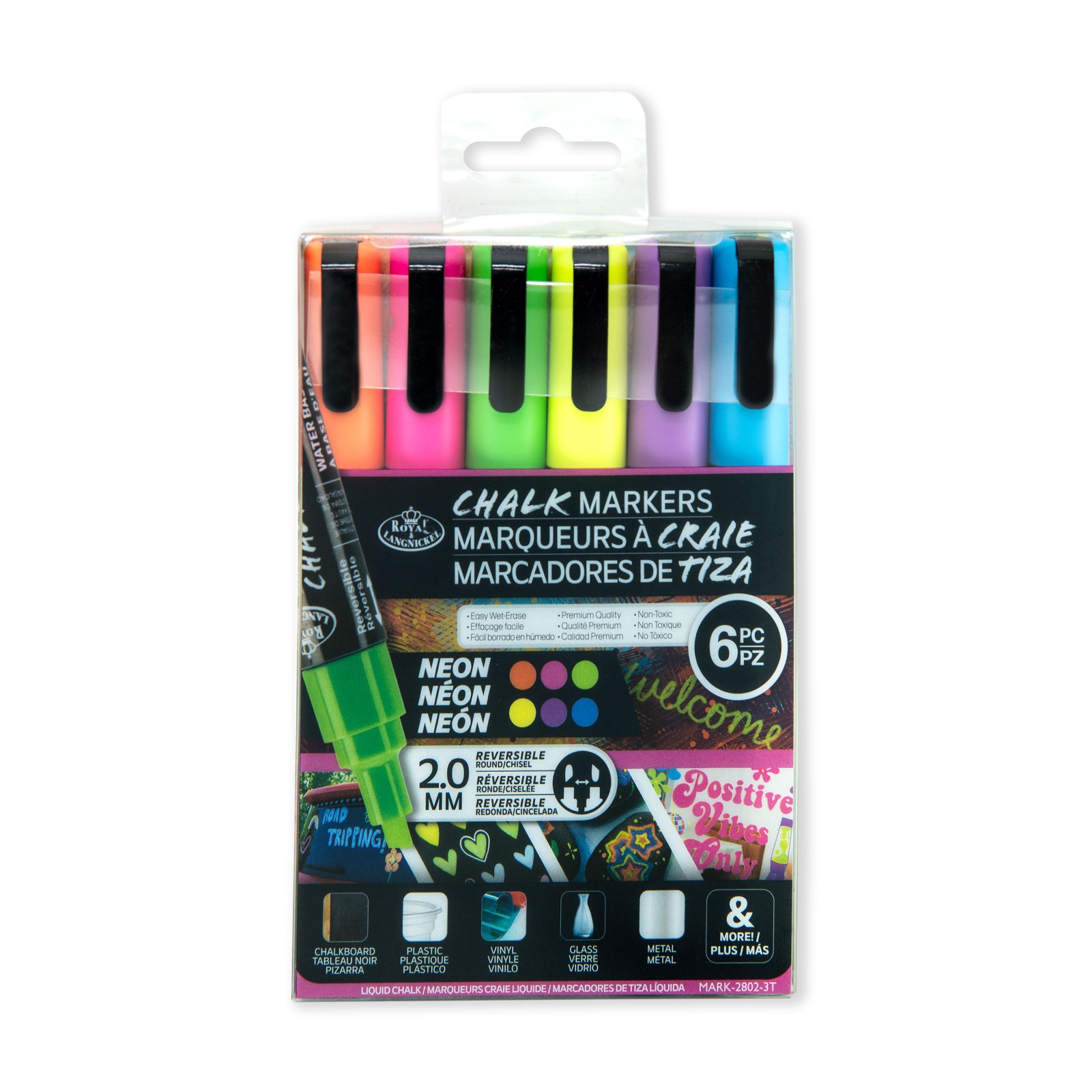 6 Neon Liquid Chalk Marker Pens 2mm Reversible Round Chisel Nib Blackboard Glass