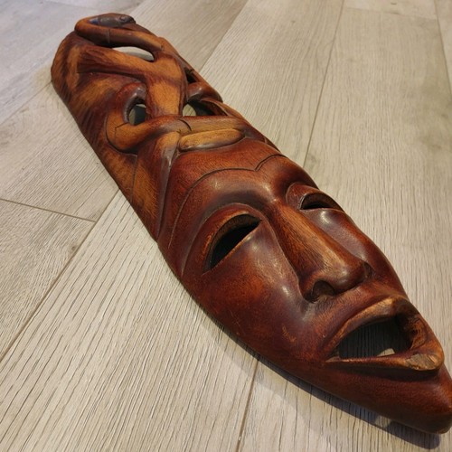 Ancien grand masque tribal art bois sculpté main 24" de long - Photo 11/13
