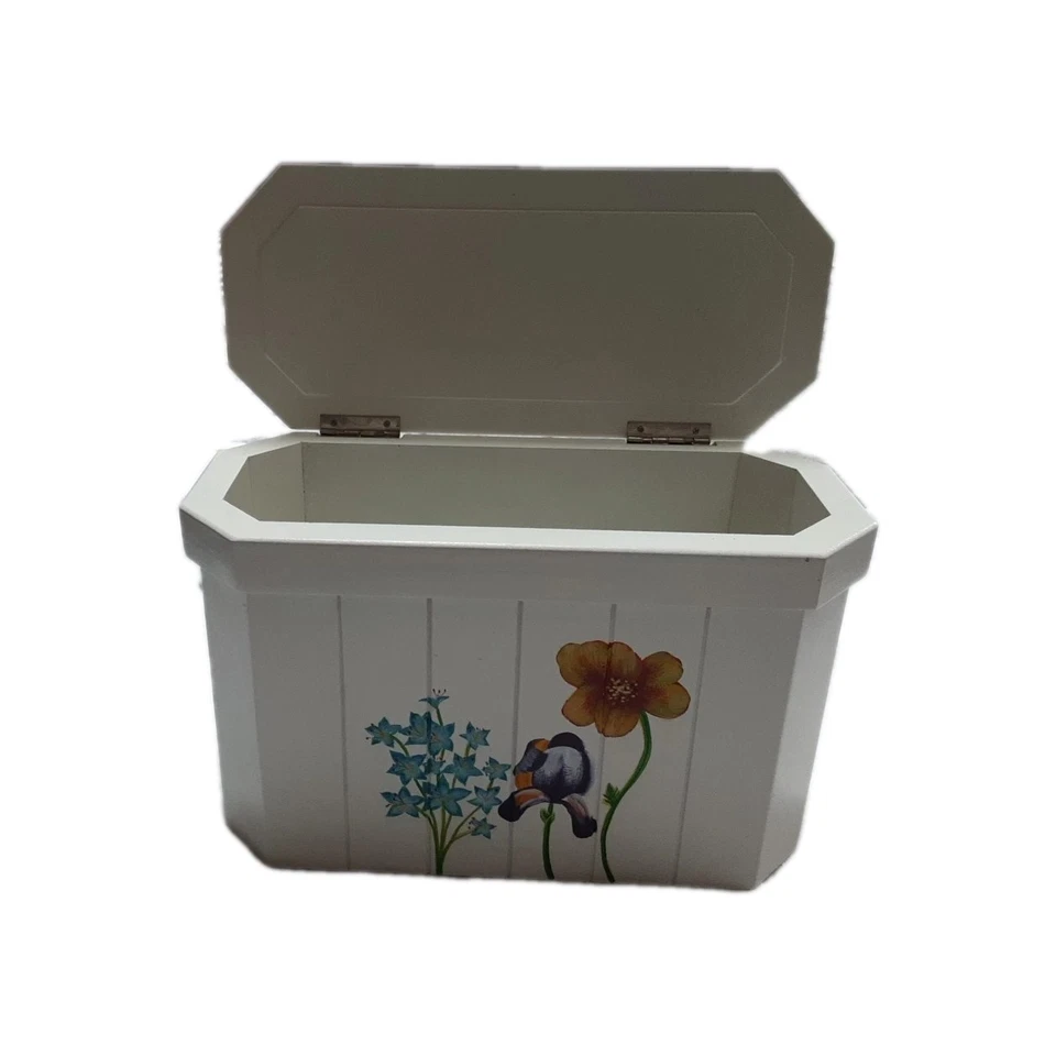 Caixa de armazenamento de madeira motivo floral cabo de metal tampa articulada branca 12" X 5" X 7 1/2" - Imagem 4 de 4