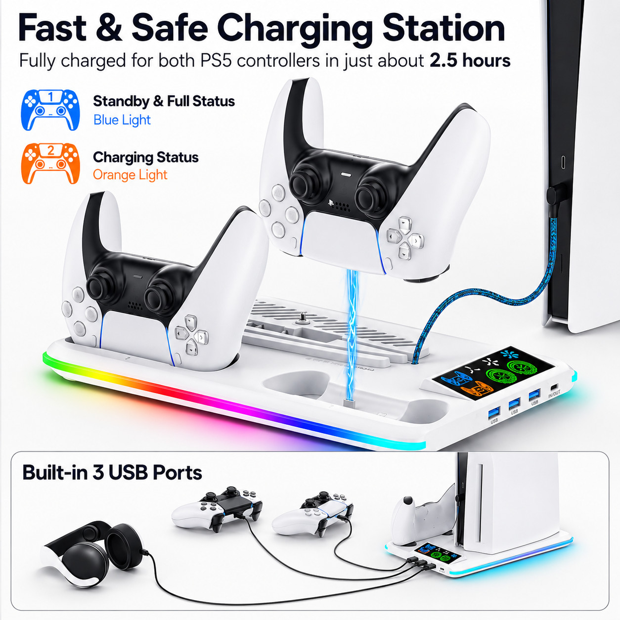 Accessoire PS5 support ventilateur RGB multifonction avec dock manette