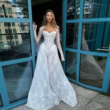 Elegant Lace Applique Long Sleeve Wedding Dresses A Line Button Boho Bridal Gown