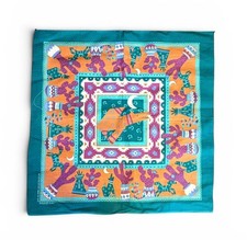 Vintage 80s Springs Southwestern Coyote Cactus Bandana Teal USA RN16463 21x21