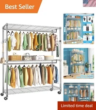 Portable Closet Wardrobe Garment Rack with Shelves Wheels Double Rods Chrome