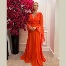 Customized Long Pleated Chiffon Mother of the Bride Dresses A-Line Orange V-Neck