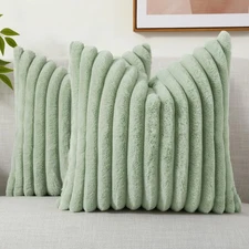 decorUhome Faux Fur Pillow Covers 20x20 Set of 2 Plush Striped Velvet Sage Green
