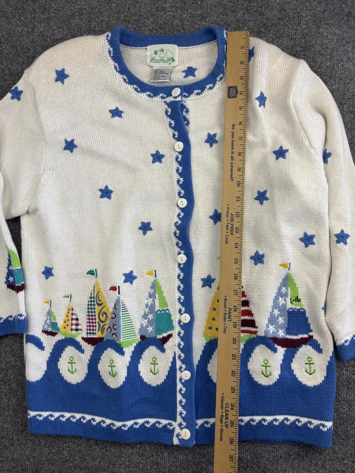 Quacker Factory Sweater Womens Large Nautical Sailboat Blue White Cardigan Stars - Image 4 of 4