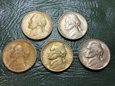 5 Early Jefferson Nickels (1938 & 1939) - High Grade UNC w/toners