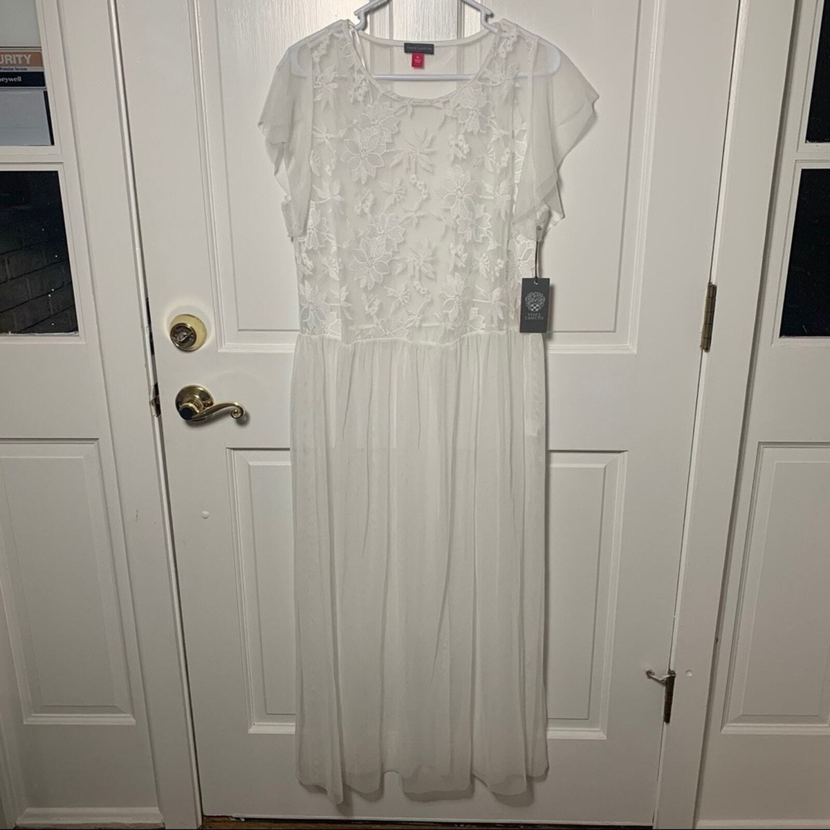 vince camuto embroidered mesh dress WHITE V-NECK CAPE SLEEVES STRAIGHT GOWN | CULT MIA