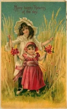 Embossed Postcard 2 Little Girls in Wheat Field - Happy Returns of the Day