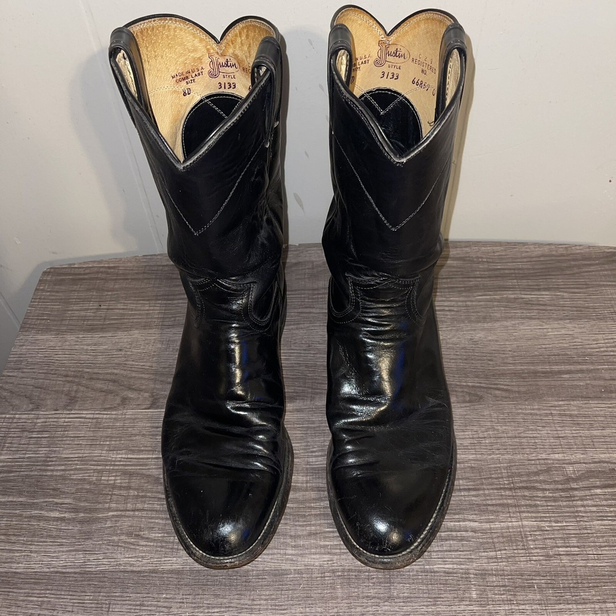 Justin Men's Western Black Leather Cowboy Boots sz 8D Almond