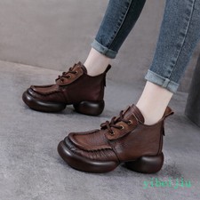 Womens Vintage Real Leather Ankle Boots Platform Comfort High Top Lace Up Shoes