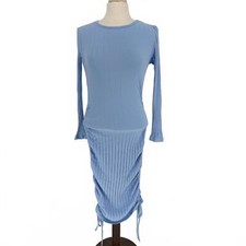 Chic Ribbed Long Sleeve Dress - Light Blue