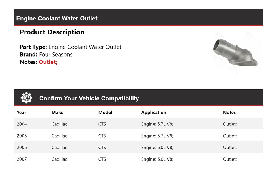 Salida de agua refrigerante motor Cadillac CTS 2004-2007 4 estaciones 2005 2006 Foto 2 de 4