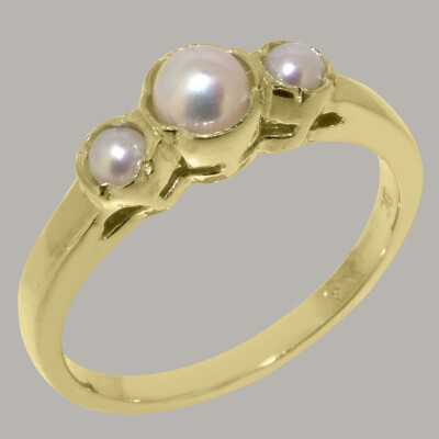 Solid 14k Yellow Gold Full Pearl Womens Trilogy Ring - Sizes J to Z