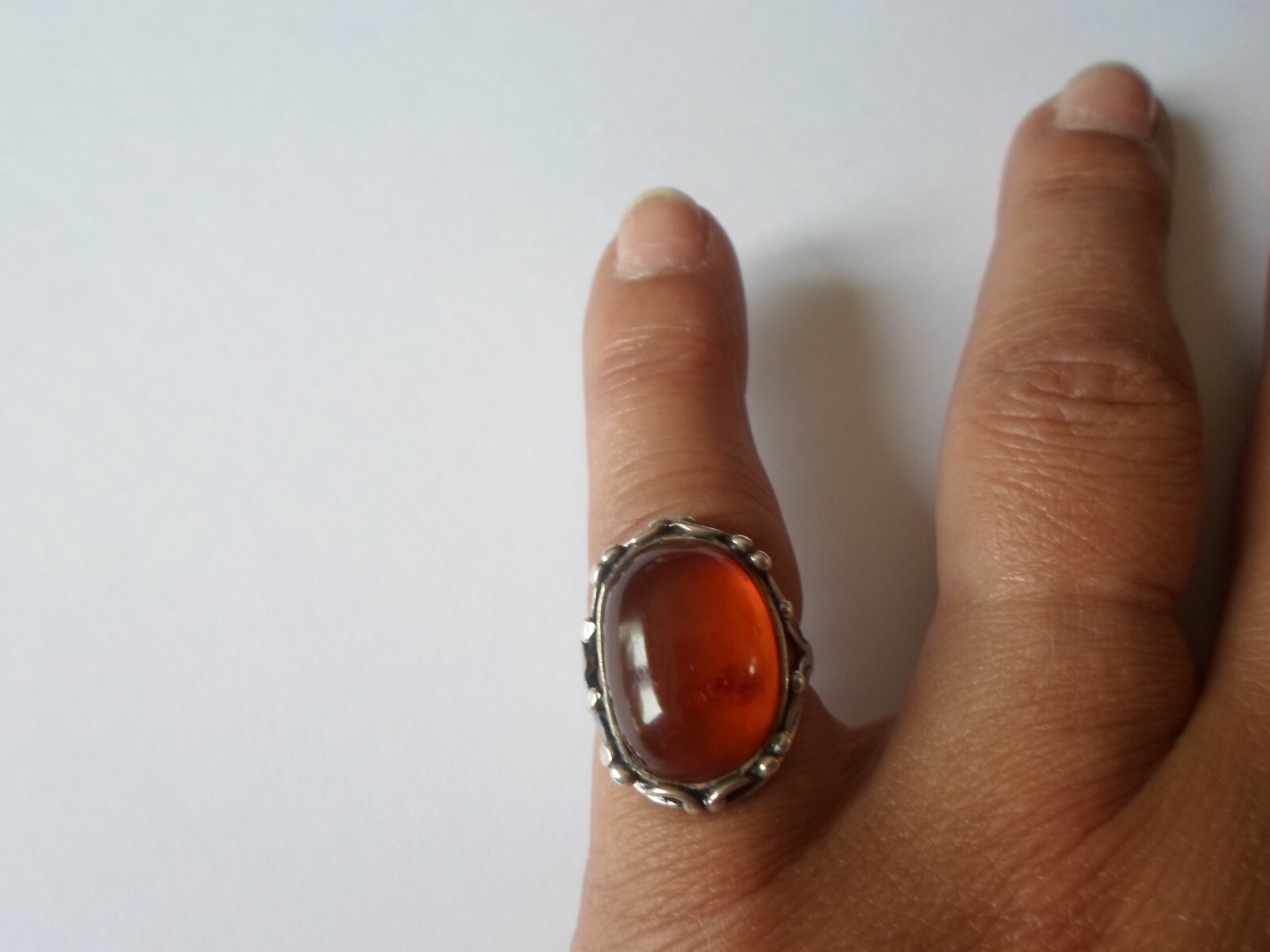 solid silver ring, amber cabochon, openwork outli… - image 3