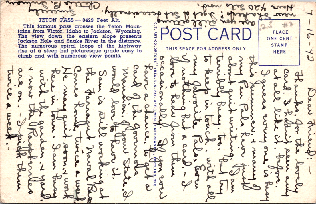 Vintage Postcard Teton Pass Between Victor Idaho And Jackson Wyoming eBay