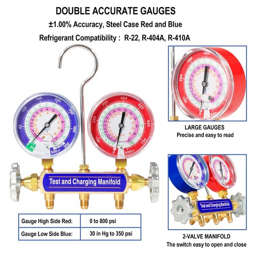 Test and Charging Manifold Gauge Set 42001 2-Valve 3 1/8inch for R22 R410A R404A - Picture 5 of 9