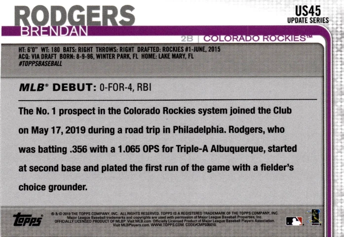 3 CARD LOT - 2019 Topps Update Series - Rookie Debut Brendan Rodgers #US45 (RC) - Image 2 of 2