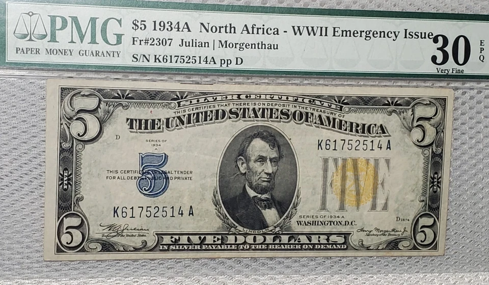 1934 A $5 NORTH AFRICA Silver Certificate PMG 30 EPQ WWII Emergency Issue - Image 3 of 4