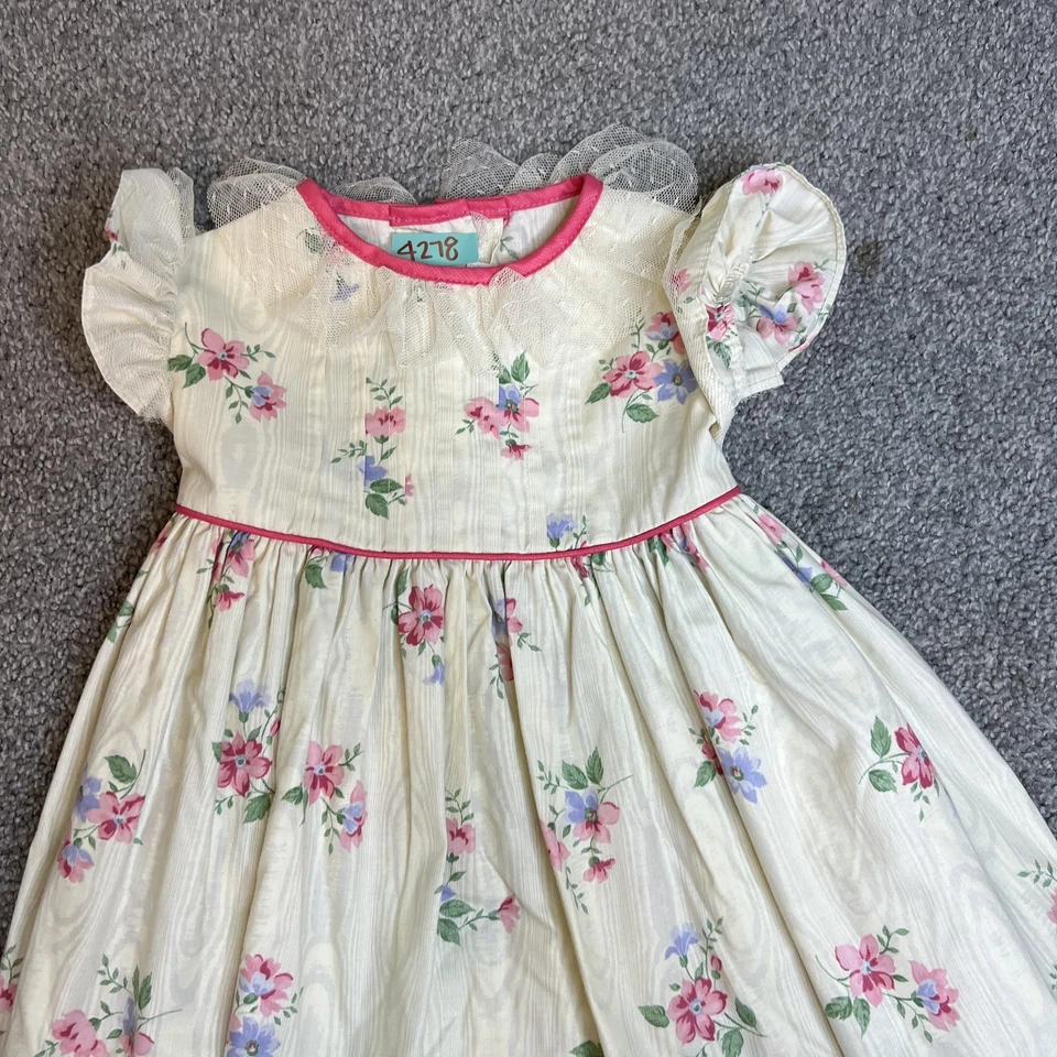 Vintage Metropolitan Museum of Art Dress Girls 4t cream Floral Puff Sleeve USA - Image 2 of 4