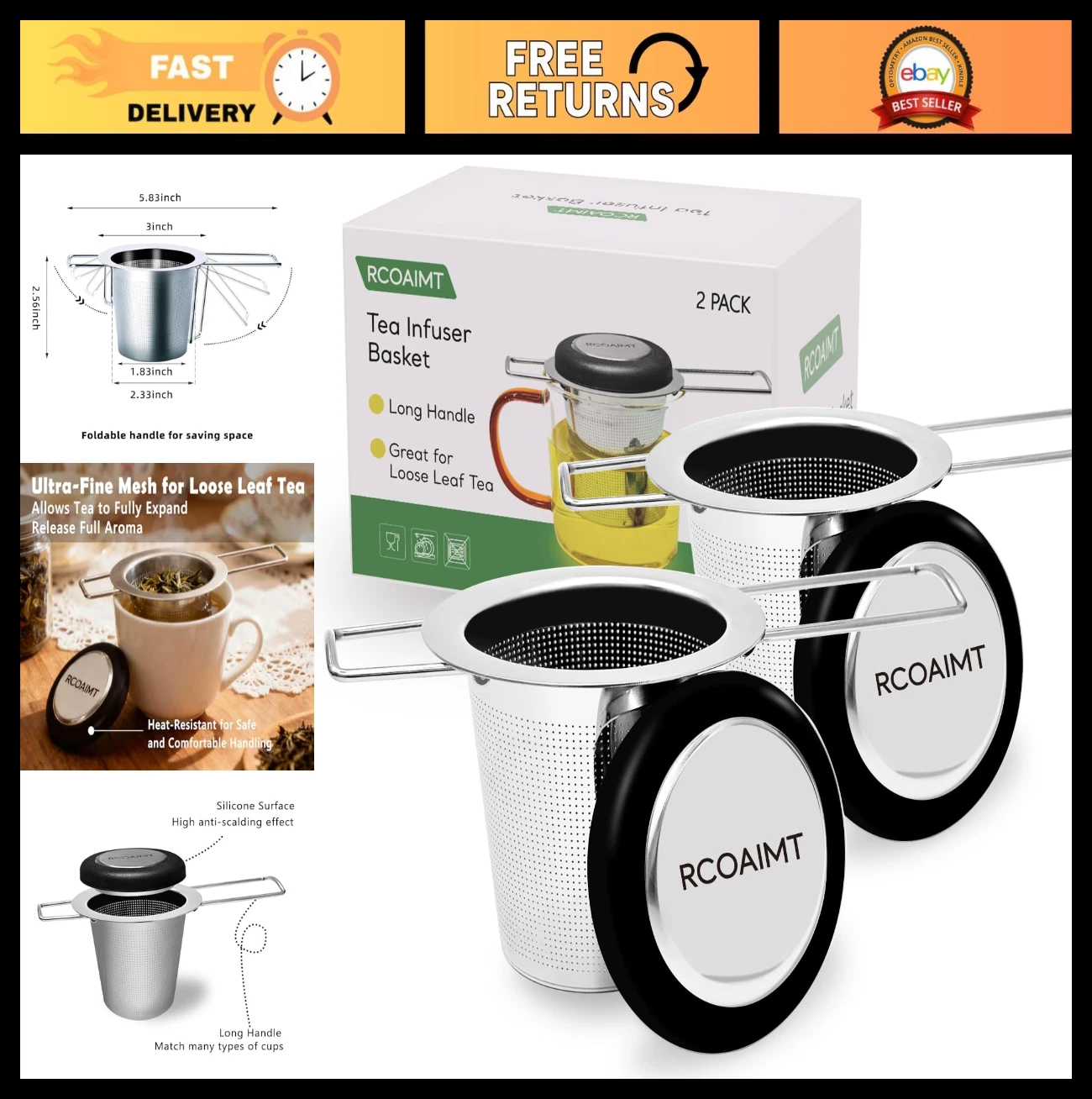 Loose Leaf Tea Infuser 2 Pack - Stainless Steel Strainer with Foldable Handle, F