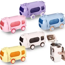 6 Pcs Portable Water Cups in Bus Shape 17 oz with Straw and Strap Break Resis...