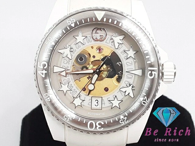 Orologio Uomo Gucci Dive Auto Ceramica Bianca SS Cinturino Gomma Data YA136343 Usa